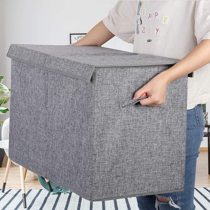 Large Toy Box Storage with Lid, Collapsible Sturdy Toy Chest Storage Bin | Toy Storage with Rivets Handles for Kids, Boys, Girls, Nursery, Playroom, Living Room, Bedroom, 25"x 13" x 16" (Linen Gray)