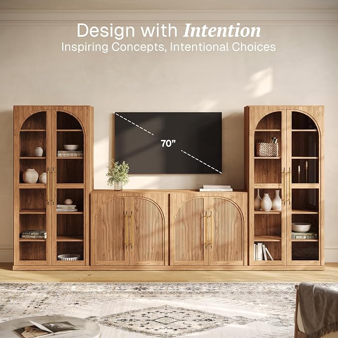 BELLEZE 4-Piece Modular TV Stand Set - 2 Double-Arc Wood Door Sideboards and 2 Tall Storage Cabinets, Classic Modern Media Console with Adjustable Shelves for Living Room(Camel)