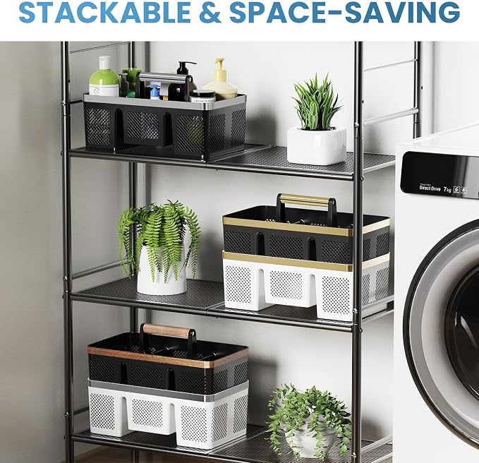 BYUNER 2Pack Plastic Shower Caddy: Portable Hard Bathroom Basket Tote with Handle, 4 Divided Compartments, All-Side Drainage, Non-Mesh Shower & Cleaning Caddy Organizer for College Dorm, Black/Silver