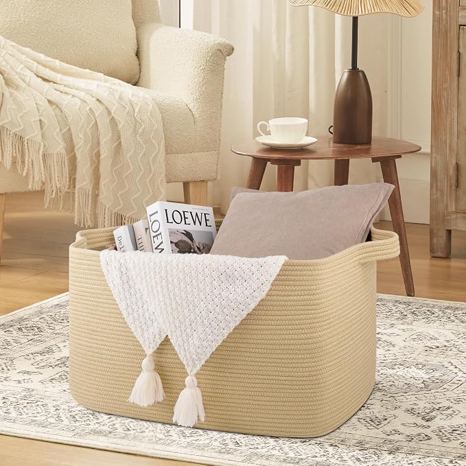 OIASKET 95L Extra Large Blanket Basket, 24" x 16.9" x 14.2" Woven Storage Basket for Living Room, Rectangle Nursery Blanket Storage for Toys, Towels, Dirty Clothes (Jute)