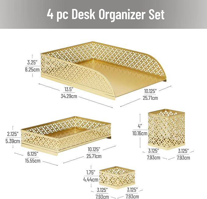 Mind Reader Gold Desk Organizer Set, Includes Pen Cup, Catchall Tray, File Box & Paper Tray, 4-Piece Metal Desktop Accessory Kit