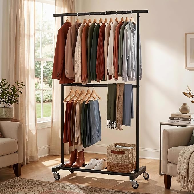 Sywhitta Double Rod Metal Clothing Garment Rack on Wheels, Black | Rolling Clothes Organizer, for Hanging Clothes,Coats,Easy to Assemble,Space-Saving,Mobile Organizer for Closet