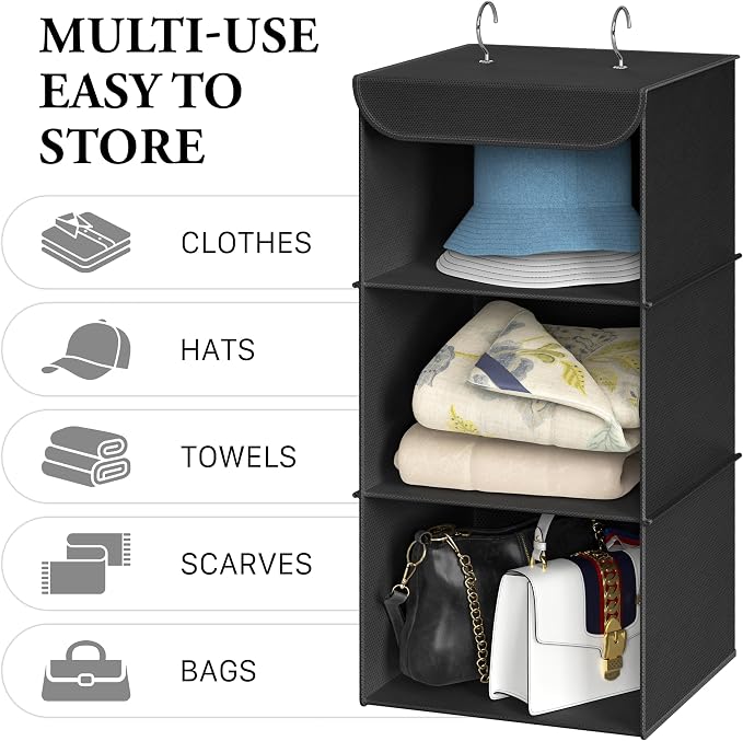 Simple Houseware 3 Shelf Hanging Closet Organizer, Black | 360° Rotating Dual Hooks, Top Support Metal Frame