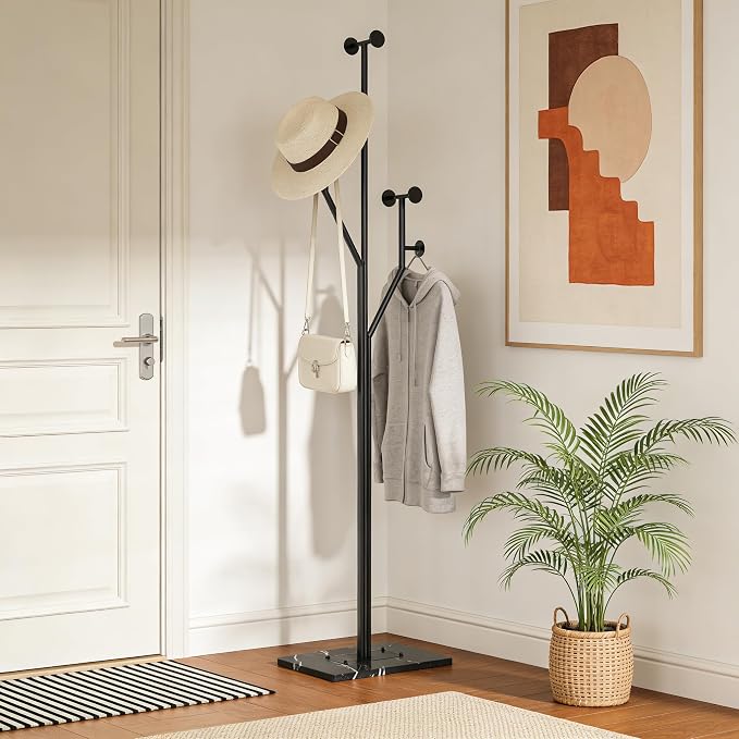 JIAYUEJU Freestanding Coat Rack Coat tree for Entryway Bedroom (Black) | Tree-shaped, Easy Assembly, Space Saver, Heavy Duty, Metal Frame, Marble Base, 8 Hooks, Living Room, Office, Corner
