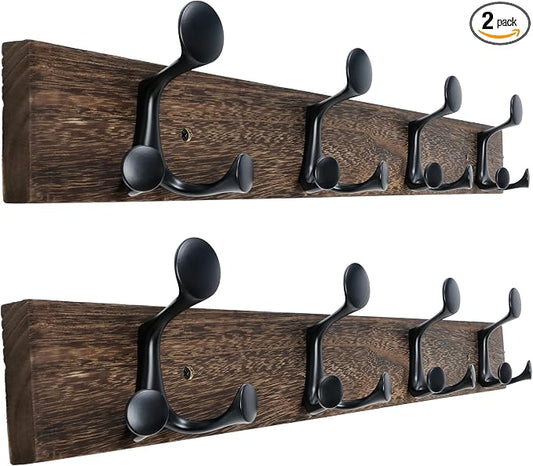 WEBI Coat Rack Wall Mount,24" Solid Wood Coat Hooks Wall Mounted Coat Hanger,16" Hole to Hole,Heavy Duty Hook Rack Rail,4 Triple Hooks for Hanging Coats,Jacket,Clothes,Hat,Weathered Brown,2 Packs