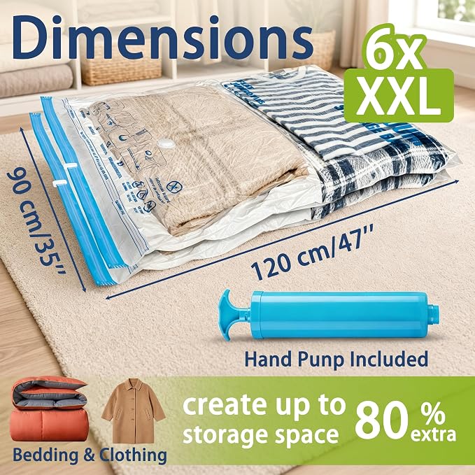 XXL Jumbo Vacuum Storage Bags, for Blanket, Bedding, Comforters | 47''X35'' Extra Large, Save 80% Space, Extra Thick, Clear, 6 pack