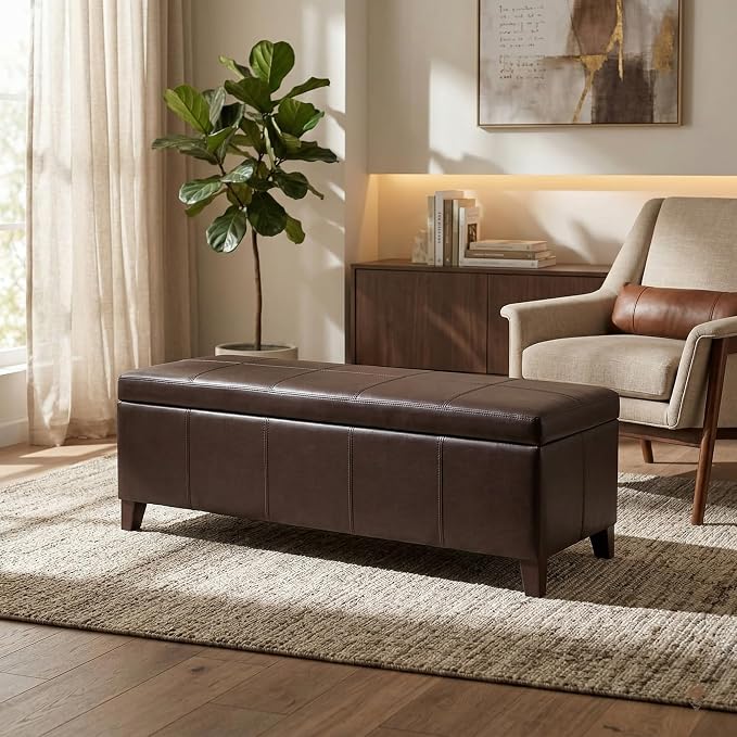 51" Coffee Brown Faux Leather Storage Ottoman | Foot Rest with Hinged Lid, Long Rectangle Bed Bench for Living Room, Bedroom, Entryway