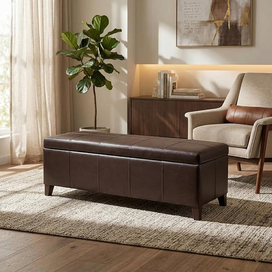 51" Coffee Brown Faux Leather Storage Ottoman | Foot Rest with Hinged Lid, Long Rectangle Bed Bench for Living Room, Bedroom, Entryway