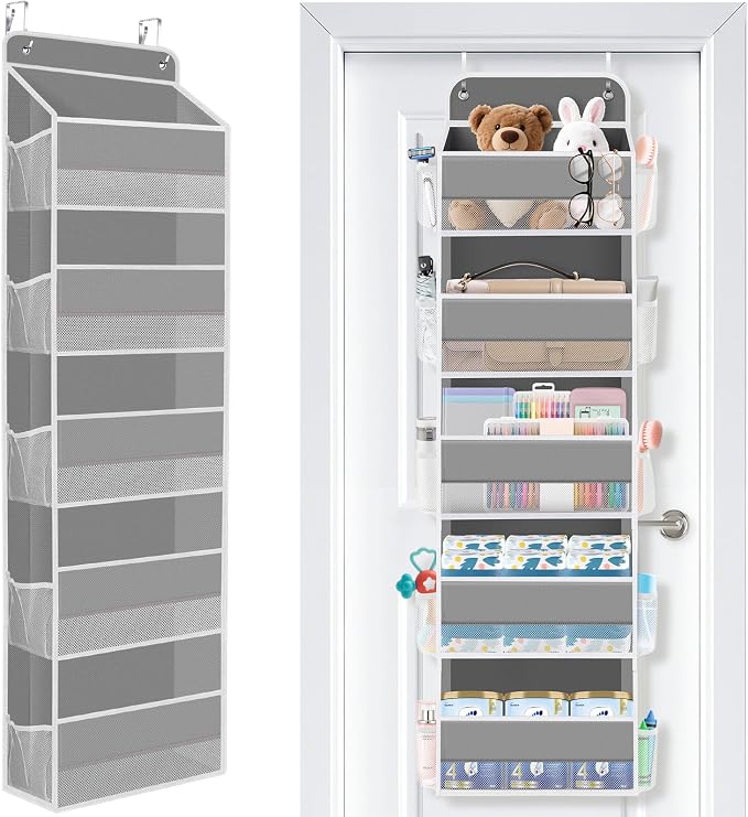 Over the Door Organizer, 5 Large Pocket Hanging Storage with 40lb Capacity | Space Saving Door Storage for Nursery, Bathroom, Bedroom and Closet, Baby Essentials and Toiletry Organizer, Grey