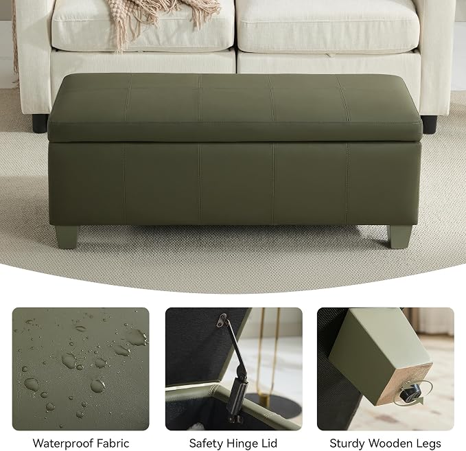 WUTUTUEE 41" Faux Leather Storage Ottoman, Stitch Tufted Rectangle Upholstered End of Bed Storage Bench, Entryway Large Couch Ottoman with Wooden Legs,Green