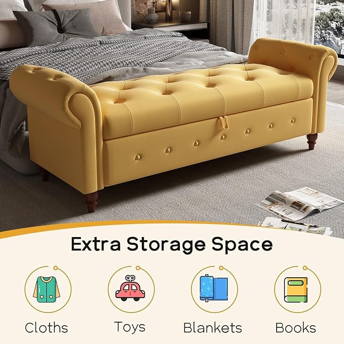 NIOIIKIT 63'' Storage Ottoman Bench, Tufted Entryway Bench Yellow Polyester | Button Tufted End of Bed, Large Storage Space, Rolled Armed Ottoman Couch Long Bench for Bedroom, Living Room, Hallway