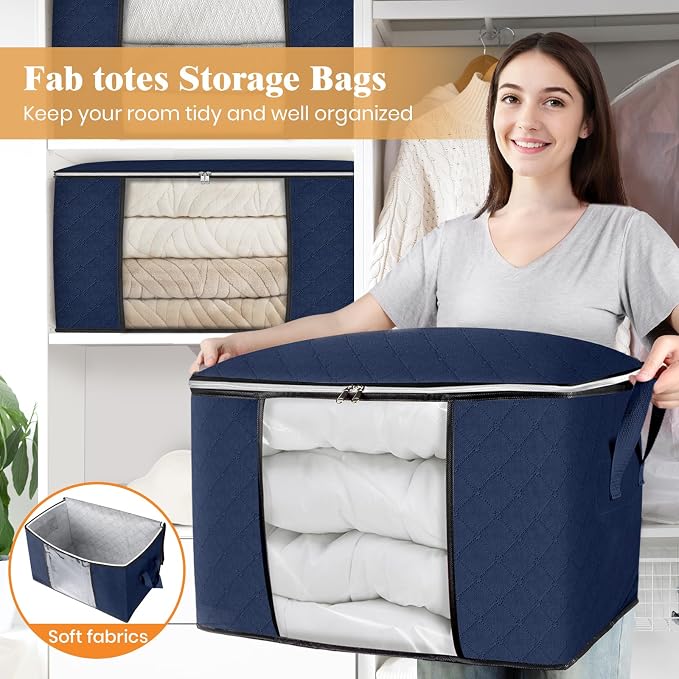 Fab totes 24 Gallons Clothes Storage, Foldable Thick Fabric Blanket Storage Bags,Containers for Organizing Bedroom, Closet, Clothing, Comforter,Organization with Handle (8 Pack,Blue)