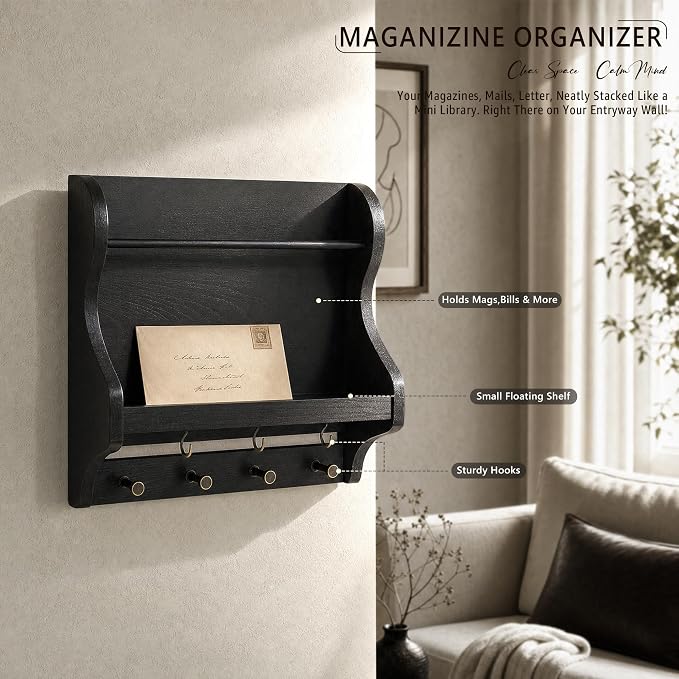 Pine Wood Mail Organizer Wall Mount with 7 Key Hooks for Home Decor, Black | Mail Holder for Wall, Key Hanger for Keys and Wallets, Magazine Holder for Paper, Bill Storage, Apartment Rustic Aesthetic