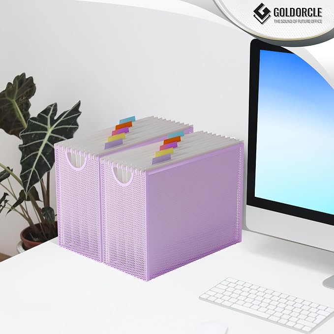 Letter-Size Hanging File Organizer (Purple, with 5 Grey Folders) | File Holder Filing Box for Desk, Metal Mesh Desk File Folder Storage for Office(No Assembly Required)