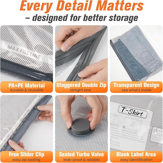 15 Pack Vacuum Storage Bags for Travel with Cordless Pump, Space Saver Bags for Clothes, Compression Packing Bags for Luggage, 15 Combo Size
