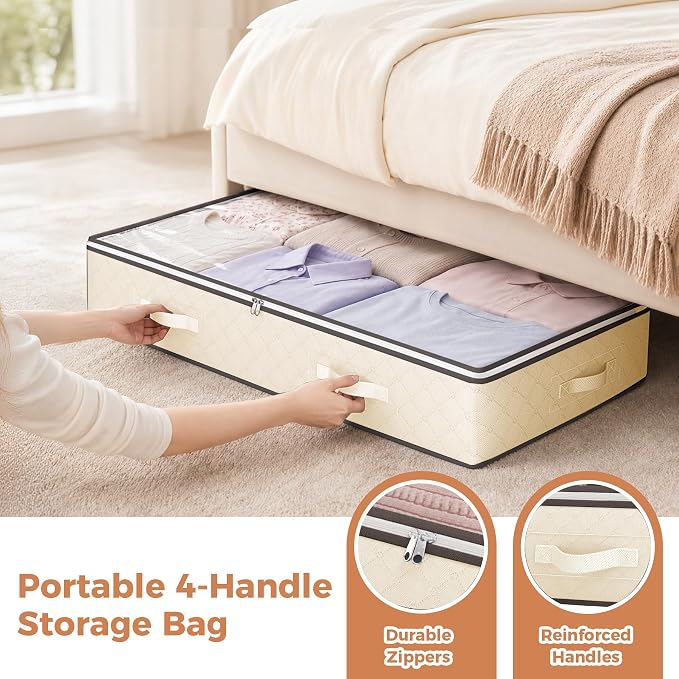 Budding Joy 90L Under Bed Storage Containers, 2 Pack Beige | Underbed organizers and clothing storage bags, closet storage bins with for blanket comforter bedding clothes bedroom dorm