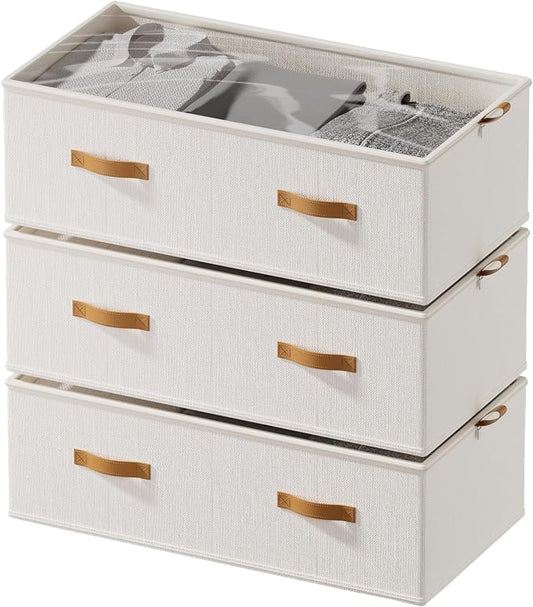 10inch 3 Pack Under Bed Storage Containers, 10 Inch Tall Underbed Clothes Storage Organizer Bin with Clear Window，Foldable Box Basket for Clothes, Closet, Bed Sheets and Blankets White