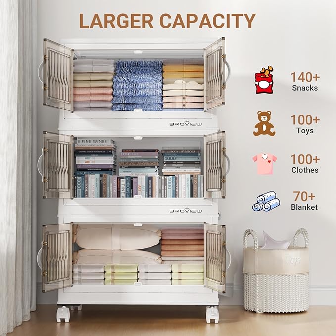 BROVIEW 135 Qt Stackable Storage Bins with Lid, Plastic Closet Organizers and Storages Drawer, Collapsible Storage Box with Wheels, Folding Storage Cabinet for Closet Clothes Organization, 3Pack White