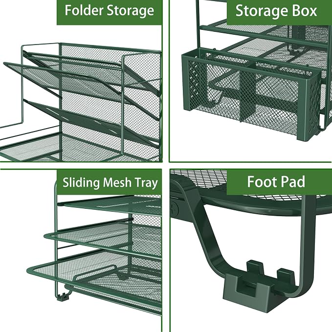 Simple Trending 7 Tier Desk File Organizer, Letter Tray Paper Organizer with Pen Holder and Metal Hanging Basket, Green