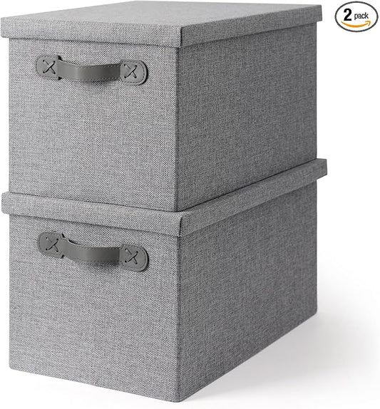 Fabric Storage Bins with Lids, Heavy Duty Collapsible Organizer Bins for Shelves, Stackable Closet Woven Baskets with Handles, 25L Rectangle Boxes for Bedroom Office, Cube Home Decor (Gray 2 Pack)