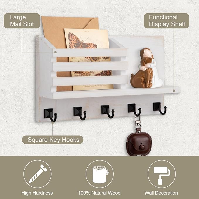 Key Holder Wall Mount, Mail Organizer for Wall with 5 Square Rustic Key Hooks Key Shelf Farmhouse Home Decor for Entryway