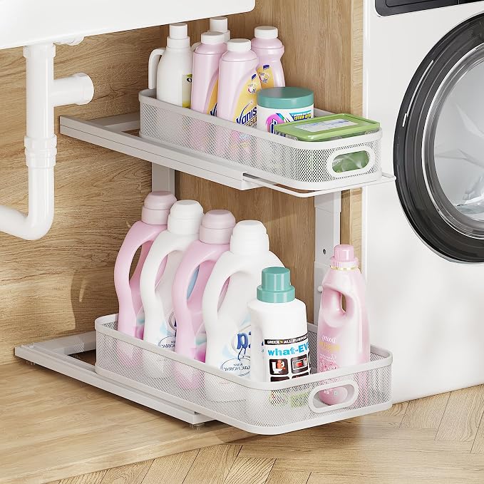 1-Pack Under Sink Storage Organizer with 2-Tier Slide Out Drawer, Sophisticated Mesh Pull Out Shelf for Kitchen & Bathroom, Fits Small Items, Upgraded Arched Track for Smooth Gliding-White