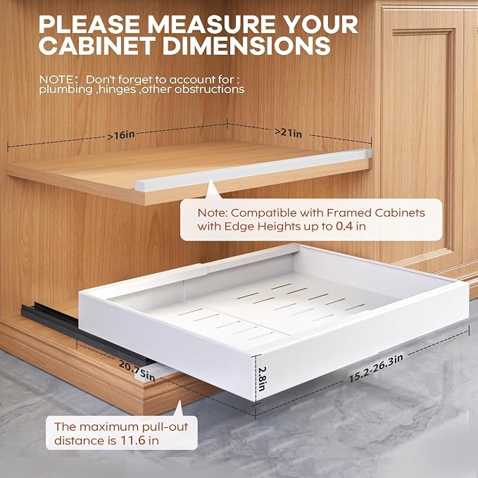 Seinloes 4 Pack Expandable Width (15.15"-26.3") Pull Out Cabinet Organizer 21" Deep with Raising Pad for Framed Cabinets, Upgrade 3 Slide Rails Slide Out Drawers, Roll Out Shelves Adhesive, White