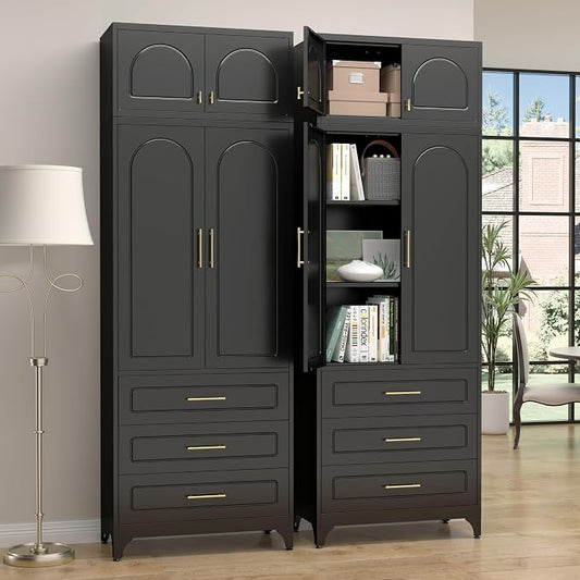 SteeLoong 90”Kitchen Pantry Cabinet, Metal Storage Cabinet with 3 Drawers | Black Pantry Cabinets for Kitchen Storage with 2 Adjustable Shelves,Tall Freestanding Cupboard for Living Room,Kitchen,Garage