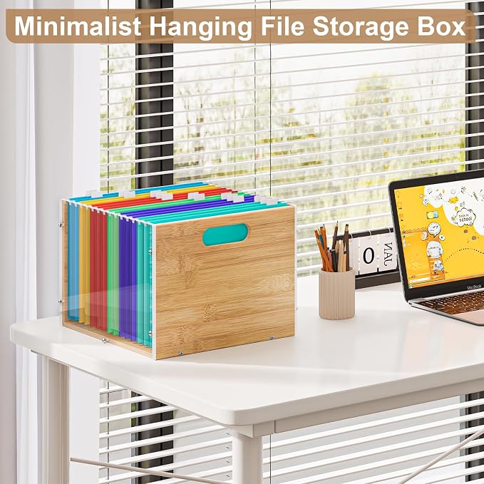 Sbanmao 2 Pack Hanging File Organizer, Clear Acrylic File Box Organizer, Bamboo Filing Box File Crate Storage Boxes, Portable Filing Organizer with Handle for Letter Size