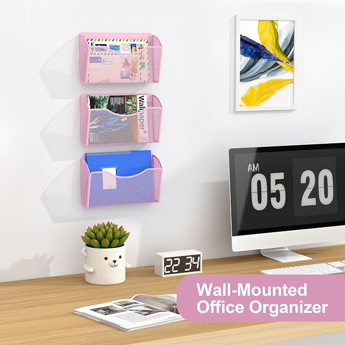 EasyPAG Wall File Organizer 3 Pack, Hanging File Organizer Wall Mount, Metal Mesh Folder Holder for Letter/A4 Papers, Mail Sorter for Office, Classroom, Home, Pink