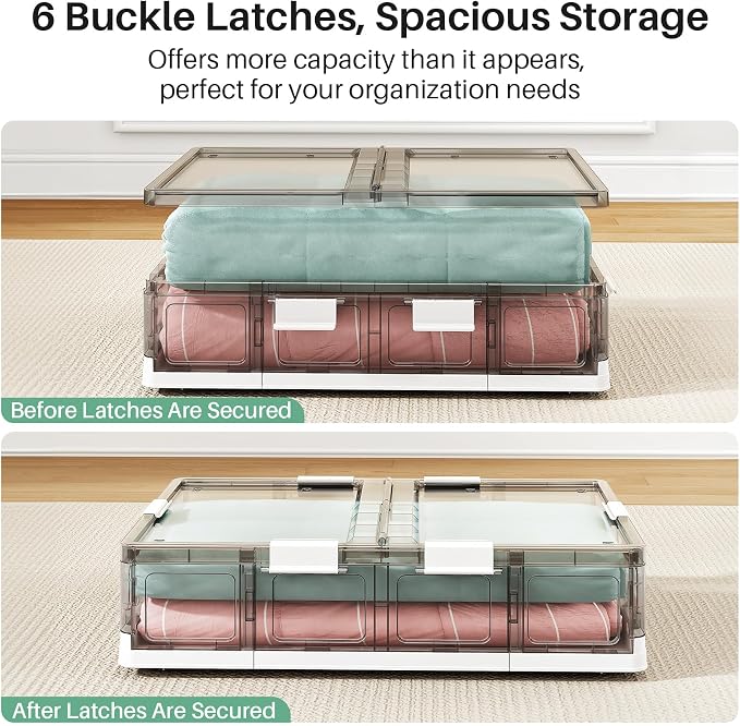 Kitstorack 2 Pack Plastic Under Bed Storage Bins with Lids and 8 Pre-installed Wheels,Rolling Low Rrofile Under bed Containers Box for Clothes Shoes, 37.8 Qt, Long, Clear, Flat, Large