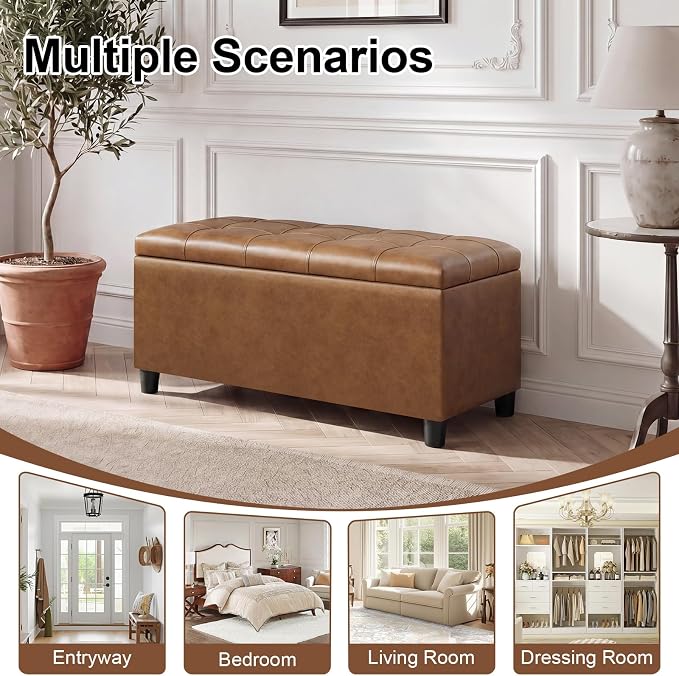 Storage Ottoman Bench,Faux Leather Upholstered Ottoman with Storage,End of Bed Bench with Safety Hinge,for Entryway,Bedroom,Living Room