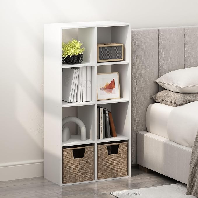 Furinno PELLI Book Shelf, 8-Cube Bookshelf, Horizontal Cube Storage Organizer Bookcase, 11.7 x 23.7 x 47, for Living Room, Bedroom, Home Office, White