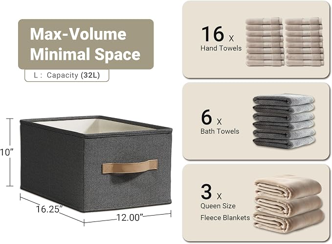 3-Pack Closet Storage Bins, Foldable Fabric Storage Baskets, Black | Thickened Rigid PP Panels, Cotton-linen Shelf Baskets, Measure 16.25"L x 12"W x 10"H for Clothes, Closets and Drawers