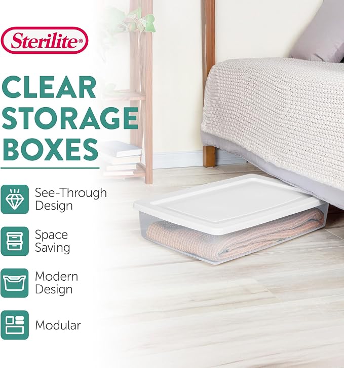 Sterilite 18 Pack Storage Box, 41 Quart Stackable Tote, Clear Plastic Container with Secure Snapping Lids for Home and Office Organization, White