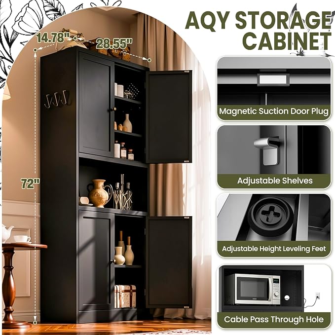 AQY Kitchen Pantry Cabinet,72" Black Pantry Cabinet 3-Tier Adjustable Shelves 4 Doors, Freestanding Cupboard with Microwave Stand, Metal Cabinet with Handle for Living Room Kitchen Assembly Required