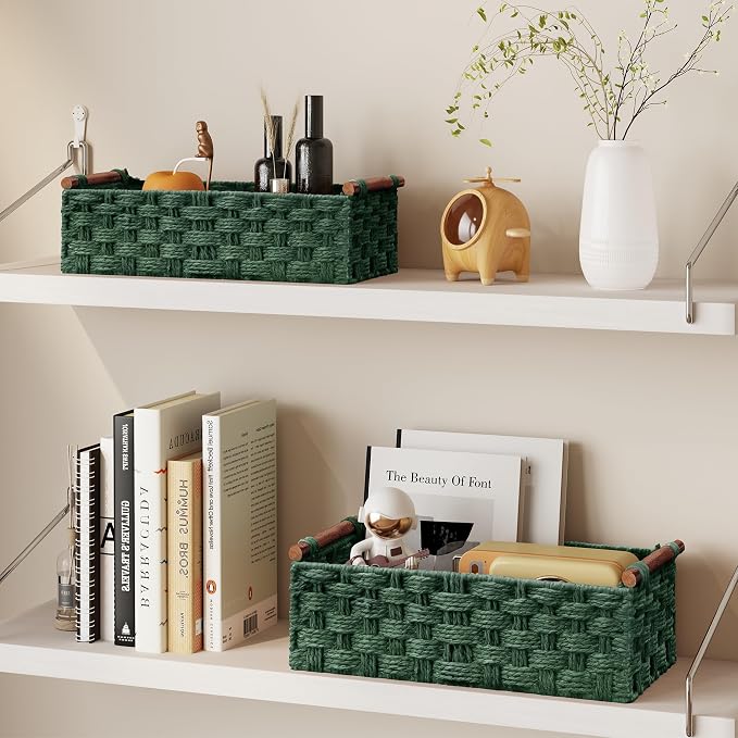 Vagusicc Wicker Storage Basket, Set of 2 Hand-Woven Paper Rope Wicker Basket for Organizing with Handle Decorative Storage Bins for Counter Pantry Shelves Toilet Paper Basket for Toilet Tank Top,Green