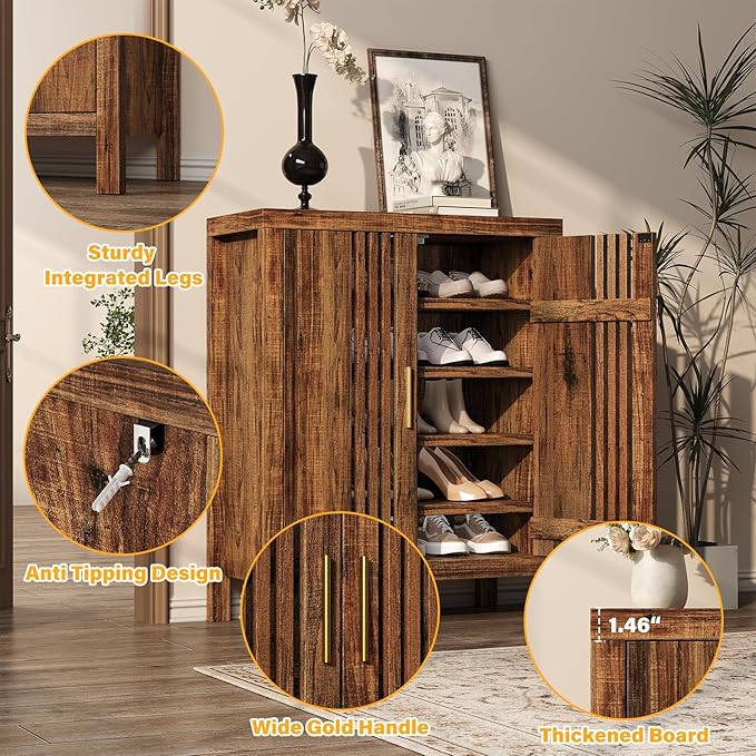 UNIQUITE Wooden Shoes Cabinet with Adjustable Shelves, Retro Freestanding Shoe Organizer Cabinet for Entryway Hallway Living Room, 5-Tier Shoe Cabinet with Doors for 20 Pairs, Dark Walnut