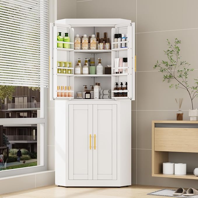 Farmhouse Corner Cabinet, 63" Tall Corner Storage Cabinet with 4 Doors & 3 Adjustable Shelves, Free Standing Storage Cabinet for Living Room, Kitchen, Bathroom, White