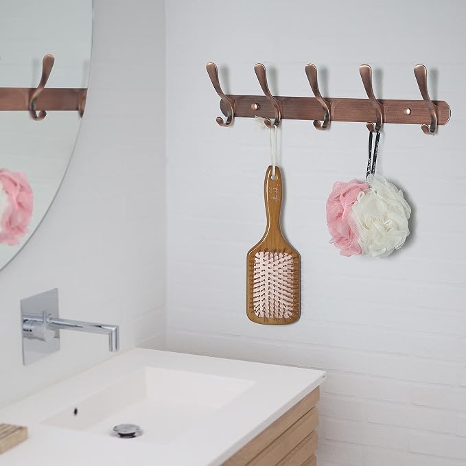 SKOLOO Coat Rack Wall Mount - Modern, Metal Wall Coat Rack with 5 Hooks, Sturdy Wall Hook Rack Rail for Hanging Coat, Jacket, Clothes, Hat, Red Copper