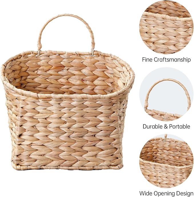 Coeusy Set of 2 Hanging Basket, Wicker Wall Basket for Door,Mail,Flower,Planters, Natural Water Hyacinth Storage Basket for Garden Farmhouse Home Decor