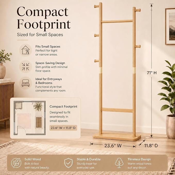 Solid Wood Coat Rack Freestanding, Clothing Rack with 5 Hooks & Bottom Shelf, Coat Rack Stand for Hanging Clothes, Wood Hall Tree Organizer for Entryway, Bedroom (Natural Wood 23.6"W x 70.8"H)