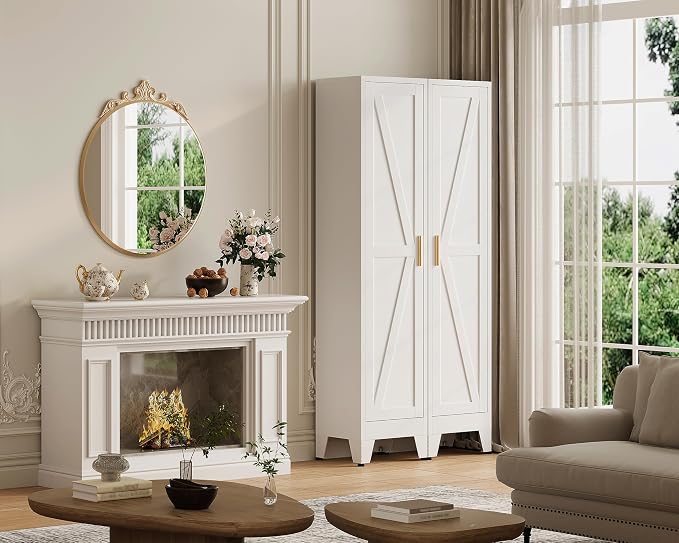 67“H Narrow Pantry Cabinet,Tall Skinny Pantry Storage Cabinet with Adjustable Shelves,Metal Narrow Kitchen Storage Cabinet,Slim and Thin Pantry Cabinets for Living Room Dining Room, White