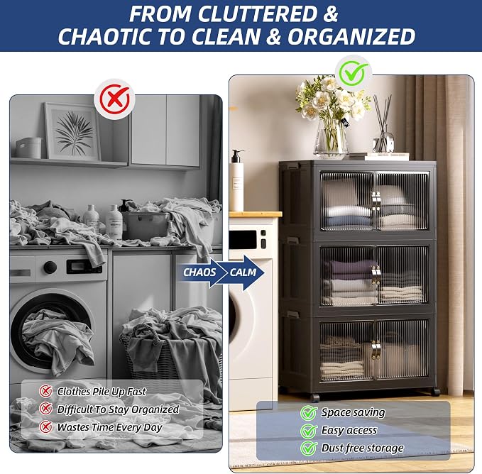 SAILUN 49Gal/195Qt Stackable Storage Bins Folding Collapsible Storage Bins with Lid, Closet Organizers and Storage Box with Door Black 22" W x 13" D x 38" H