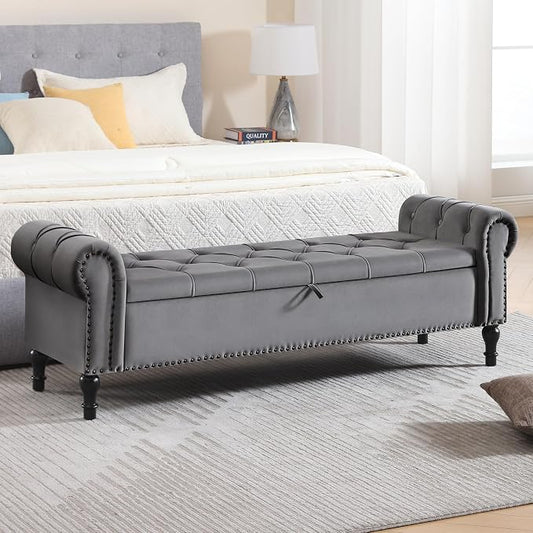 Velvet Storage Bench 67 Inch Upholstered Tufted Ottoman Bench with Rolled Arms Large Storage Space King Size End of Bed Bench for Bedroom Living Room Entryway Grey