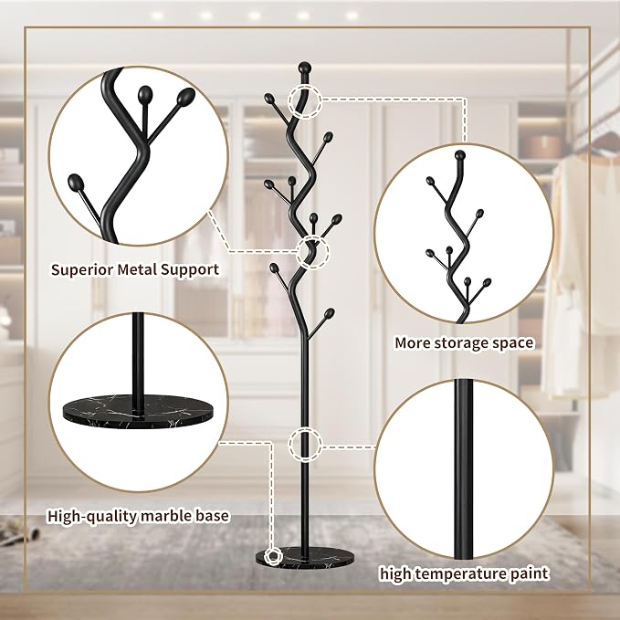 68.9 Inch Tall Modern Coat Rack,Black Freestanding Coat Rack Tree,Heavy-Duty Metal Coat Rack Freestanding with Sturdy Marble Base for Entryway,Hallway,Bedroom,Holds Coats Hats Bags Scarves