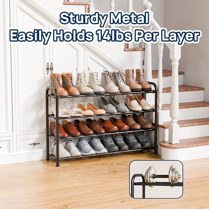 ENJOYBASICS 4 Tier Expandable Shoe Rack for Closet, Free Standing Metal Shoe Shelf Storage Organizer Holder 16 Pairs, Adjustable Width Shoe Rack for Entryway Small Space, Black