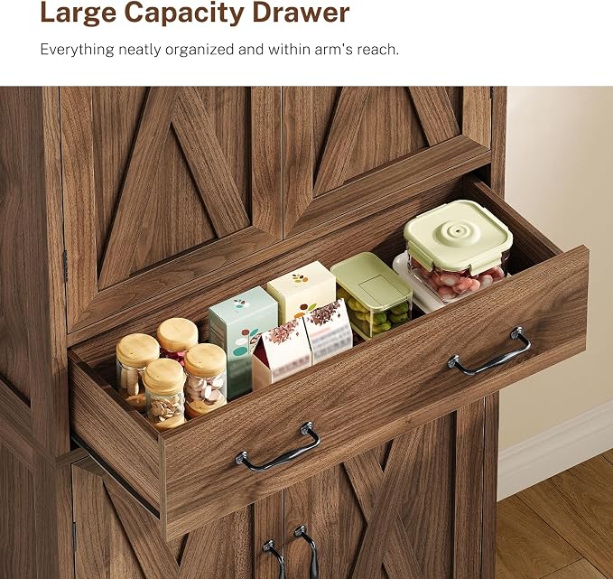 TEENFON Tall Storage Cabinet with 2 Adjustable Shelves & 1 Large Drawer, Kitchen Pantry Cabinet with 4 Doors, Bathroom Storage Cabinets, for Living Room, Kitchen, Bathroom, Walnut
