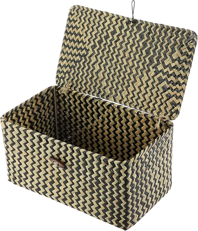 Hipiwe Wicker Shelf Baskets with Lid Seagrass Storage Baskets Handwoven Household Organizer Rectangular Woven Organizer Box for Storage Shelf Wardrobe,Medium
