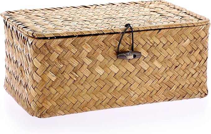 Hipiwe Wicker Shelf Baskets Bin with Lid X-Small Handwoven Basket for Shelf | Natural Seagrass Storage Box, Rectangular Household Basket Boxes for Wardrobe Home Organizer, Caramel